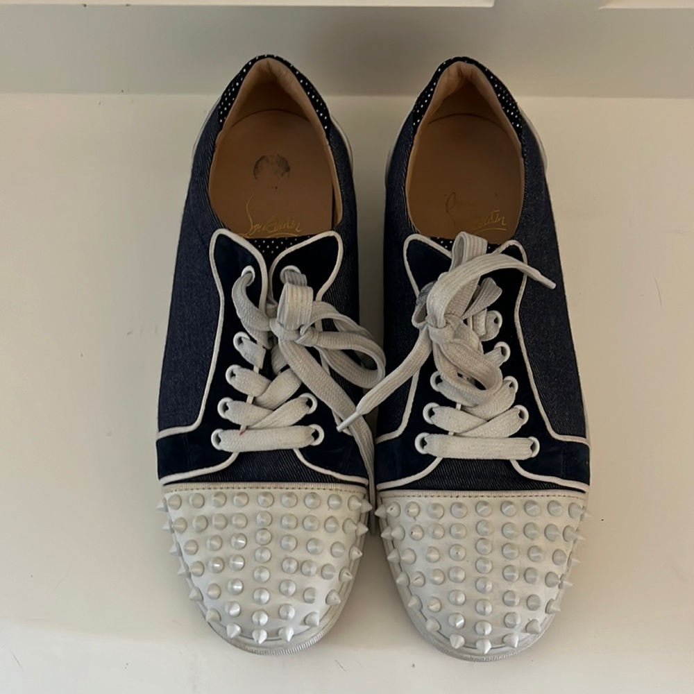 Louboutin Spike Sneakers denim and velvet